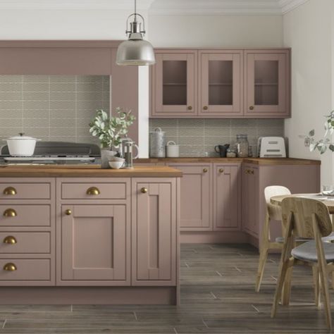 Mauve Kitchen Island, Dusty Pink Cabinets, Soft Pink Kitchen Cabinets, Pale Pink Cabinets, Pink Kitchen Units, Blush Pink Cabinets, Pink Shaker Kitchen, Blush Kitchen Cabinet, Pink Wood Kitchen