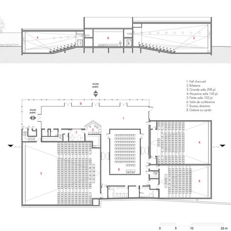 Gallery of Cinema de Riom / TRACKS - 20 Theatre Plan, Theatre Section, Auditorium Plan, Theater Plan, Cinema Center, Cinema Architecture, Auditorium Design, Theater Architecture, Cinema Design