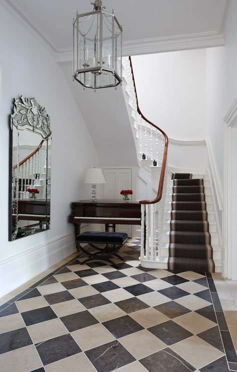 Grey Macael and Crema Marfil Spanish chequerboard floor tiles - alternative black and white marble floor tiles Checkered Flooring, Black And White Hallway, White Marble Tile Floor, Floor Tiles Design, Hall Flooring, Checkerboard Floor, Tiled Hallway, White Marble Floor, White Marble Tiles