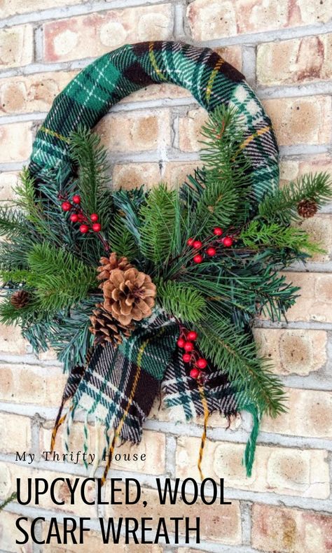 Upcycled Wool Scarf Wreath Scarf Wreath, Couronne Diy, Plaid Christmas Decor, Christmas Decorations Wreaths, Porch Christmas, Christmas Wreaths To Make, Wreath Decoration, Xmas Wreaths, Christmas Wreaths Diy