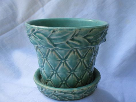 Vintage McCoy Pottery Planter1940's Aqua by SalvageSistersMNWI, $30.00 Vintage Pots, Turquoise Quilt, Teal Quilt, Rooster Kitchen Decor, Pattern Leaves, Collectible Pottery, Small Flower Pots, Pottery Vintage, Clothing Business