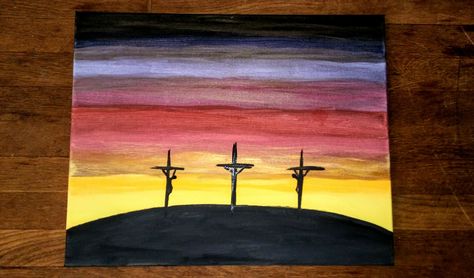 Cross painting on canvas 3 Crosses Painting, Cross Canvas Paintings, Catholic Paintings, Cross Art Painting, Watercolour Easter, Christian Canvas Paintings, Easter Poems, Paint Ornaments, Cross Painting