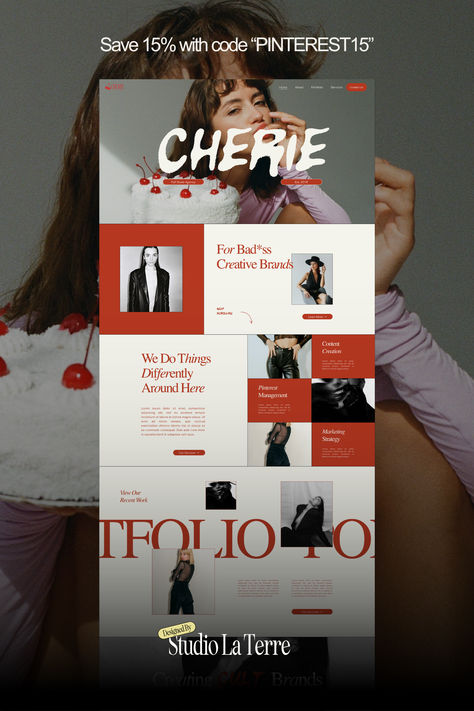 The Cherie Squarespace template is perfect for brand strategists, social media managers, and content creation agencies that need a responsive website template design! This high-converting layout is complemented by a blend of bold colors, modern typography, and a seamless user experience. Plug in your own logo, images, and service offerings to this website template layout to launch. Designed by Studio La Terre. Red Website Design Inspiration, Indie Website Design, Modern Website Design Creative, Tattoo Website Design, Red Web Design, Bold Web Design, Digital Marketing Agency Website Design, Red Website Design, Bold Website Design