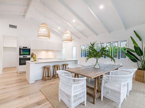 Oak Timber Flooring, Raked Ceiling, Beach Interior, Coastal Kitchen, Hamptons House, Coastal Living Room, Dining Kitchen, 4 Bedroom House, Beach Villa