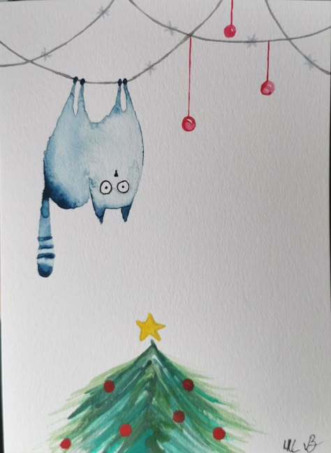 Christmas Cat Watercolor, Watercolor Art Christmas, Maus Illustration, Watercolor Christmas Cards Diy, Cat Christmas Cards, Painted Christmas Cards, Christmas Stock Photos, Watercolor Birthday Cards, Christmas Card Art