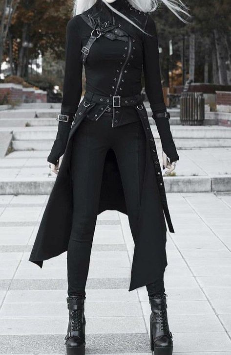 Fantasy Spy Outfit, Black Battle Outfit, Gothic Suit Aesthetic, Female Gothic Outfits, Vampire Hunter Outfit Female Modern, Assassin Suit Female, Black Villian Outfit, Rogue Aesthetic Clothes, Black And White Fantasy Outfit