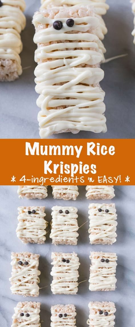 Fun and easy Halloween recipe alert!! These Mummy Rice Krispies have 4 ingredients are a breeze to make. #halloweenrecipe #halloweentreat #easyhalloweenrecipe Quick Halloween Recipes, Muffins Halloween, Halloween Rice Krispies, Halloween Rice Krispie Treats, Treats Halloween, Rice Krispies Treats, Easy Halloween Food, Krispies Treats, Halloween Treats Easy