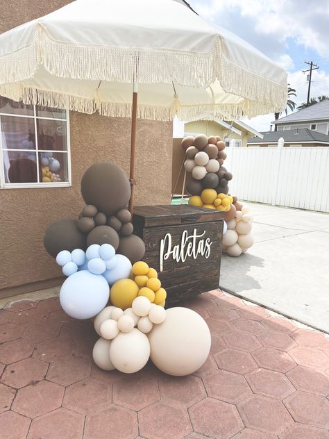 Paletas or icecream cart with balloon garland and umbrella Ice Cream Cart Balloon Garland, Cart Balloon Decor, Bar Balloon Garland, Ice Cream Cart Birthday, Paletas Cart, Paleta Cart, Baloon Garland, Rose Gold Quince, Party Rental Ideas