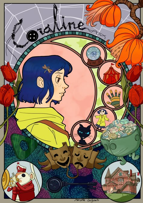 ArtStation - Coraline - Art Nouveau , Marcella Carvalho Coraline Poster, Coraline Drawing, Coraline Art, Coraline Movie, Coraline Aesthetic, Coraline Jones, Christmas Tattoo, Movie Posters Minimalist, Disney Aesthetic