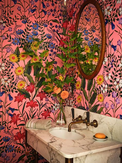 floral wall paper guest bath Wallpaper In Bathroom, Water Monopoly, Half Bath Design, Basin Bathroom Sink, Gucci Wallpaper, Wash Basin Bathroom, Powder Room Wallpaper, The Shade Store, Basin Bathroom