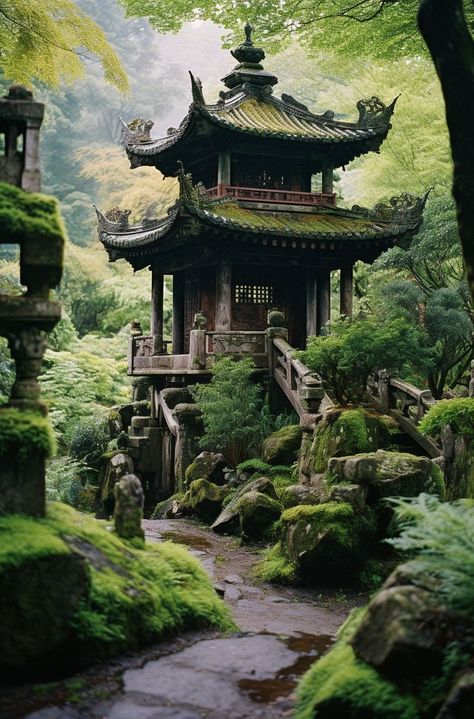 A picturesque Chinese structure accompanied by a small path, set against lush scenery in green and brown hues. The cabincore aesthetic, soft-focus technique, and influences of neo-academism create a tranquil and historically-inspired tableau. Asian Landscape, Temple Ruins, Asian Architecture, Asian Garden, Japanese Landscape, Chinese Garden, Beautiful Dark Art, Japanese Architecture, Beautiful Locations Nature