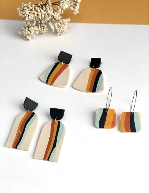 Rainbow hoop earrings, square earrings, Statement earrings, polymer clay earrings, Polymer Clay Faux Stone Earrings, Polymore Clay Ideas, Making Clay Earrings, Polymer Clay Kunst, Diy Earrings Polymer Clay, Handmade Clay Jewelry, Earrings Polymer, Abstract Earrings, Polymer Earrings