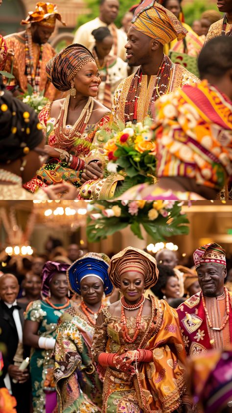 A vibrant African wedding ceremony features traditional customs, colorful attire, music, dancing, and rituals, celebrating rich cultural heritage with family and friends in a joyful atmosphere. Nigerian Wedding Party, African Beach Wedding, African Wedding Reception Decor, Congolese Wedding Traditional, African Culture Traditional, African Wedding Traditions, South African Traditional Wedding, Zambian Wedding, Liberian Wedding