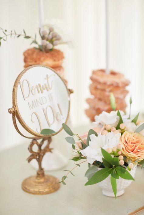 Piper Vanity Mirror by Provenance Rentals | Free Standing Brass Vanity Mirror Gold Vanity Mirror with Bow Detail Wedding Ideas Calligraphy Signage on Mirrors Welcome Sign Donut Sign Dessert Sign Small Prop Detail Antique Vintage Rentals Specialty Rentals | Photo by Joanne Leung Florals by @bloominous Vintage Vanity by @provenancerentals Wedding Reception Dessert Table, Wedding Reception Desserts, Unique Bridal Shower Favors, Bridal Shower Guest Book, Bridal Shower Desserts, Winter Bridal Showers, Donut Bar, Rose Bridal Bouquet, Vintage Bridal Shower