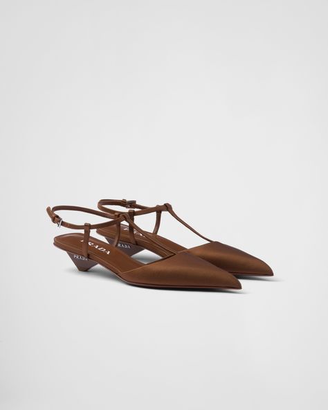 Tobacco Satin Slingback Pumps | PRADA Brown Pumps, Prada Collection, Brown Accessories, Diy Bags Patterns, Shoes Prada, Satin Pumps, Prada Leather, Brown Heels, Prada Shoes