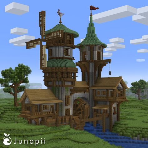 Minecraft build of a tavern with a windmill blade and a waterwheel connected to a river going underneath the building. Minecraft Small House, Minecraft Castle Designs, Minecraft Garden, Minecraft Create, Minecraft Steampunk, Minecraft Structures, Minecraft House Plans, Minecraft Pictures, Minecraft Cottage