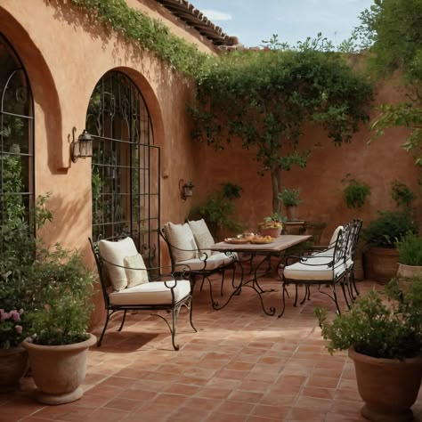 ⚠️LINK IN BIO⚠️ An inviting Mediterranean-inspired outdoor patio with terracotta tiles, elegant wrought-iron furniture, and vibrant greenery. #OutdoorPatio #Mediterranean #Terracotta #WroughtIron #Greenery Mediterranean Walled Garden, Terracotta Outdoor Patio, Mediterranean Style Patio, Lightwell Garden, Italian Outdoor Patio, Hacienda Backyard, Terracotta Terrace, Tuscany Courtyard, Mediterranean Outdoor Furniture