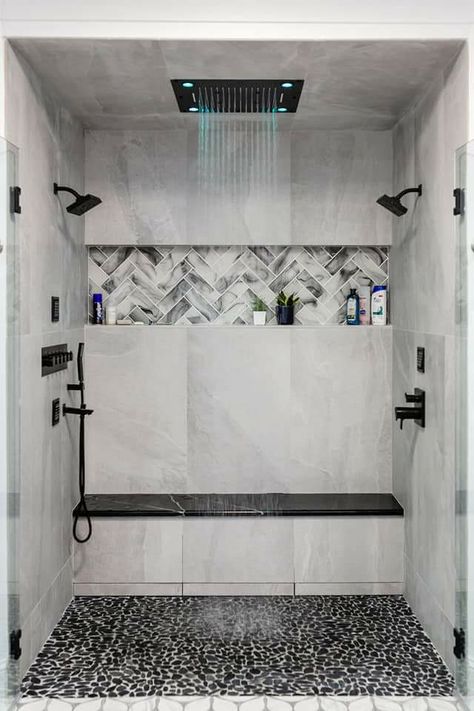 Dark Floor Shower Ideas, Master Bath Shower Niche, Small Bathroom Ideas Remodel Walk In Shower Layout Master Bath, Shower Ideas Bathroom Master Baths Modern Farmhouse, Large Shower Niche Ideas, Modern Rustic Bathroom Ideas Master Bath Shower Tiles, Walk In Shower Designs Tile, Master Bath Remodel Ideas 2023, Dual Shower Heads Master Baths