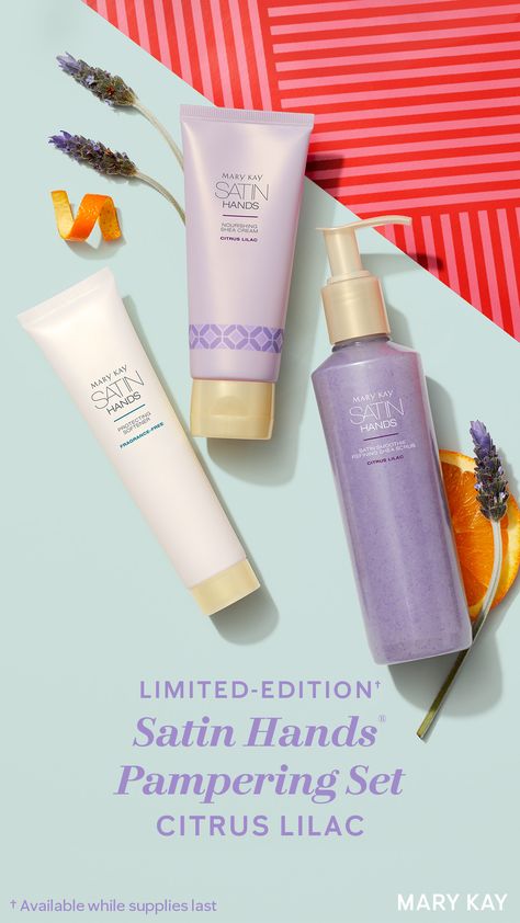 NEW! Limited-Edition† Citrus Lilac Satin Hands® Pampering Set, $38  Wrap your hands in the same softening care you know and love, now enlivened by brightening hints of orange and soft floral notes of lilac.  It smells like what you think purple should smell like.  Available in my store direct. Contact me to get yours Product Posters, Timeless Makeup, Mary Kay Satin Hands, Trending Makeup, Selling Mary Kay, Rough Hands, Mary Kay Business, Satin Hands, Beauty Consultant