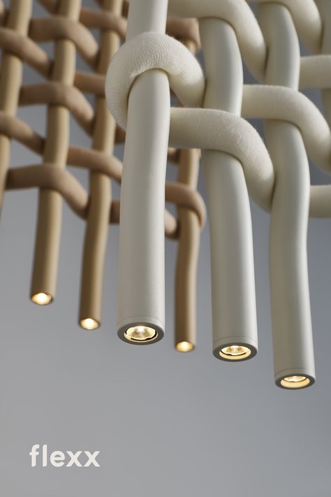 The lamp resembles fabric in texture but it has been enlarged to a giant scale. The “warp” is made of folded aluminum tubes and the “weft” is made of thick wool fortified with foam. This overscaled lighting design has been specially chosen to allow for the division of optical and acoustic space. At the same time, it does not close the space completely, because it is openwork. When dimmed, it can be used to provide mood lighting in spaces for relaxing. Lighting Design Interior, Lighting Inspiration, Interior Projects, Ceiling Design, Decoration Design, Interior Design Projects, 인테리어 디자인, Light Art, Lamp Design