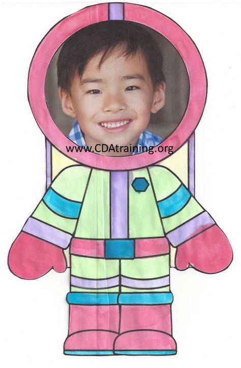 Supplies Needed; Photo of child, print out of template (below), scissors, and crayons, paints, or other means for decorating Directions;  Decorate your astronaut's space suit, and allow to dry (if... Astronaut Photo Craft, Astronaut Crafts Preschool, Goodnight Moon Activities, Astronaut Craft, Astronaut Photo, Space Lesson Plans, Space Theme Classroom, Space Lessons, Space Preschool