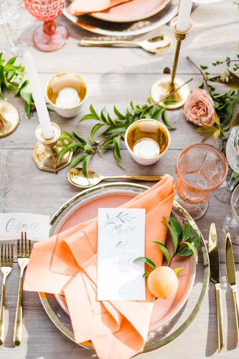 Peach and Gold Wedding Table Rustic Wood Tables, Peach And Gold Wedding, Winery Photos, Elegant Place Settings, Peach Gold Wedding, Orange Centerpieces, Lemon Centerpieces, Temecula Wedding Venues, Winery Wedding Venue