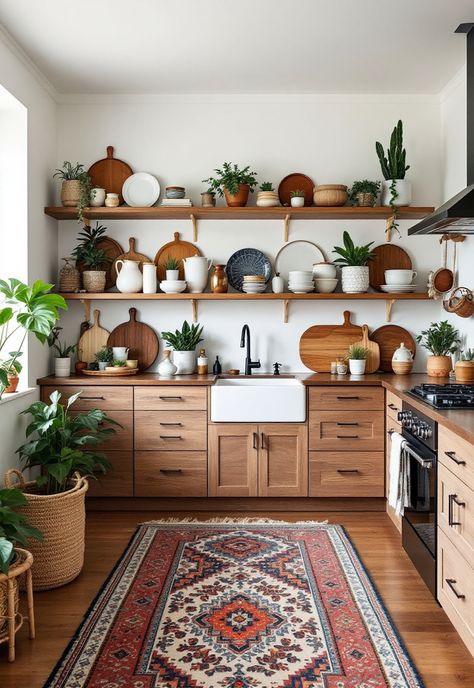 Scandi Boho Decor Earthy Boho Kitchen Ideas, Scandi Decor Ideas, Kitchen Boho Ideas, Boho Kitchen Counter Decor, Eclectic Dishware, Scandi Boho Kitchen, Scandinavian Modern Interior, Rustic Modern Cottage, Scandi Boho Living Room