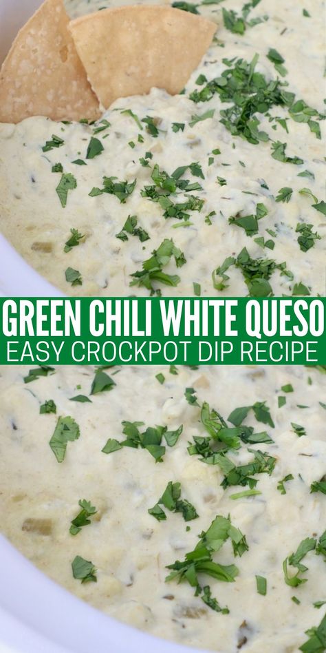 Make the best queso blanco in a slow cooker with green chilies, avocado, cilantro, pepper jack and cream cheese! This green chili queso dip is the perfect side dish for taco night, a delicious party snack or game day appetizer! It only takes 10 minutes to prep and an hour in the slow cooker to make this easy queso recipe! Easy Queso Recipe, Green Chili Queso, Easy Crockpot Dips, Cheese Jalapeno Dip, Chili Cheese Dip Crockpot, Chili Queso Dip, Queso Dip Crockpot, Chili Queso, The Best Queso