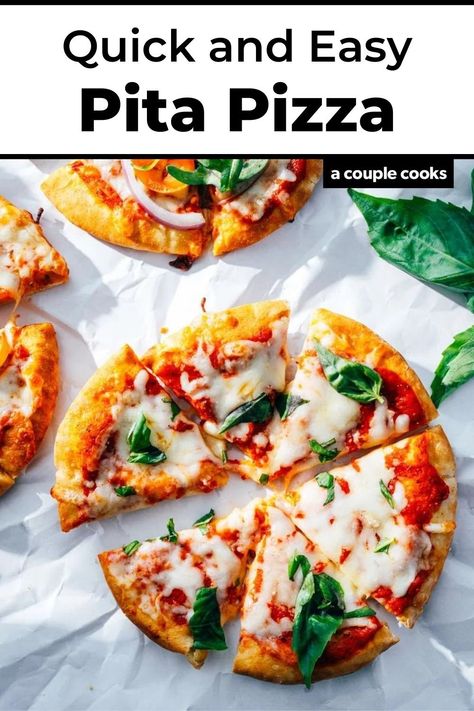 This pita pizza recipe makes a fast and easy meal! Pita bread stands in as the crust of these personal pizzas. #pitapizza #pitapizzas #pitabreadpizza #pitapizzarecipe #easypizza #kidrecipe #recipeforkids Pita Pocket Recipes, Pita Bread Pizza, Personal Pizzas, Bread Pizza Recipe, Gluten Free Pita, Falafel Pita, Pita Pizza, Pita Bread Recipe, Pita Recipes