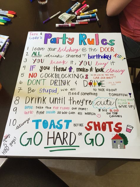 Our version of a Project X Party Rule Poster. Happy Birthday my dear friends What To Do For Your 18th Birthday Party, Birthday Rules, Best Friend Birthday Poster Ideas, Party Rules Poster Drinking, House Party Rules Poster, Party Rules Poster Funny, Birthday Kickback Ideas, Party Rules Poster, Birthday Party Rager