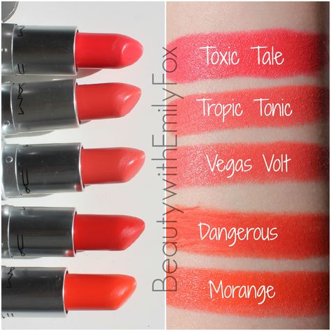 Mac The Matte Lip Collection Lipsticks Swatches/Comparison: Toxic Tale (satin), Tropic Tonic (Matte), Vegas Volt (Amplified), Dangerous (Retro Matte), Morange (Amplified) Lipstick For Pale Skin, Mac Shades, Mac Lipstick Swatches, Japan Makeup, Lip Collection, Orange Lipstick, Mac Lips, Lipstick Kit, Lip Swatches