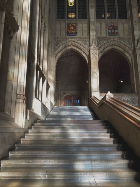 Arched hallway with stone steps leading up to it in a cathedral style building. Boarding School Dorm Aesthetic Dark Academia, Dark Academia Dormitory, Dark Academia University Aesthetic, Witch School Building, Dark Academia Boarding School Exterior, Dark Academia School Exterior, Bristol University Aesthetic, Evermore Academy, Boarding School Dorm Room