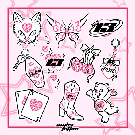 cat, tribal butterfly, Y2K font, motel key, hearts, cherries, keychain, playing cards, cowboy boot, care bear pink glitter tattoo flash designs for women Y2K aesthetic hearts cute tattoos ideas friday the 13th thirteenth flash sheet idea inspiration Motel Key Tattoo, Pink Tattoo Flash, Pink Y2k Tattoo, Butterfly Y2k, Heart Flash Tattoo, Glitter Tattoo Ideas, Rave Tattoo Ideas, Girly Traditional Tattoo Flash, Friday 13 Tattoo Ideas