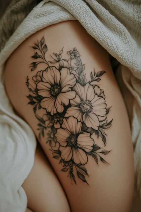 Floral tattoo on a person's thigh, partially covered by a white blanket. Top Leg Tattoo Women, Women’s Leg Tattoo Floral, Floral Tattoo Thigh Hip, Edgy Symbols, Hip Thigh Tattoos Women Ideas, Top Of Thigh Tattoo, Thigh Tatoos Woman, Lower Thigh Tattoo, Female Thigh Tattoo Ideas