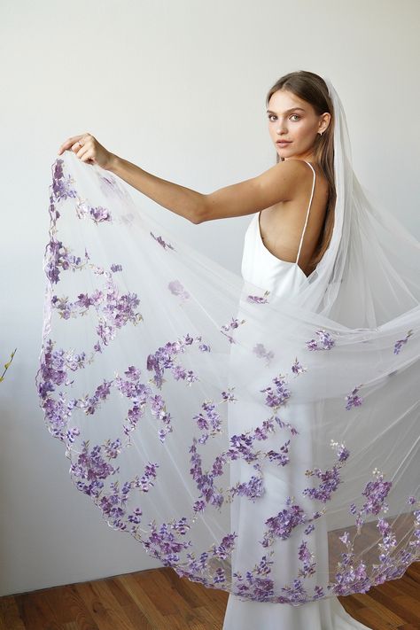 Embroidery Flower Vail, Wedding Dresses With Lavender Accents, Wedding Veil With Color, Purple Floral Wedding Dress, Light Lavender Wedding Dress, Floral Embroidery Veil, Purple Flower Wedding Dress, Lavender Wedding Veil, Light Purple Wedding Dress Lavender