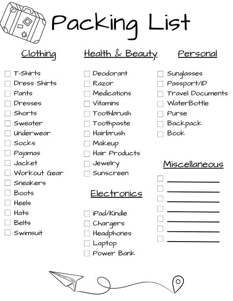 Quick and easy Packing List for women and men. Minimalist with options to add your own personalization. Things To Pack While Traveling, Things To Pack In Your Suitcase, Road Trip List Travel Checklist, Pack List For Travel, Packing List For Teenage Girl, List For Traveling Packing, What To Pack For A Trip, Overnight Packing List, One Week Packing List