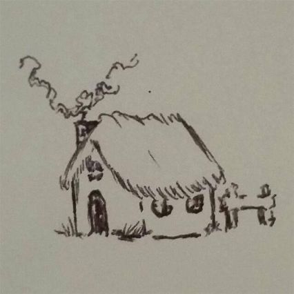 Village Simple Drawing, Cozy Drawing Easy, House Sketch Simple, Cottage Drawing Simple, Cute Cottage Drawing, Hut Sketch, Cozy Sketch, Simple House Sketch, Small House Drawing