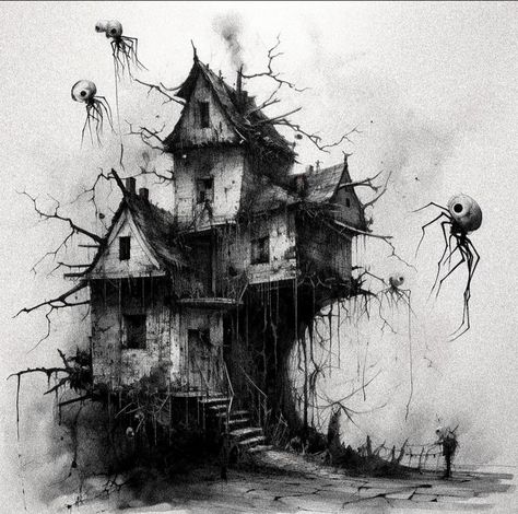 Scary Landscape Drawing, Creepy Building Drawing, Creepy Houses Drawing, Horror House Drawing, Creepy Pen Sketches, Scary Houses, Horror House, Charcoal Art, Halloween Drawings