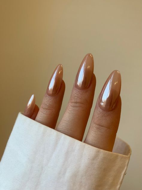 Best 23  tan chrome nails you must try this year Tan Iridescent Nails, Glaze Nail Ideas, Beige Glazed Donut Nails, Chrome Nail Color Chart, Brown Glazed Nails, Fall Bails, Wintry Nails, Shades Of Brown Nails, Nails Brown Skin