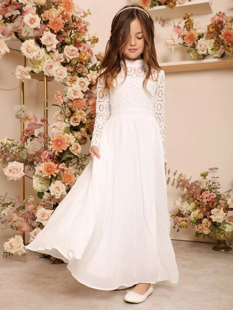 Simple White Dress For Kids, White Dress For Kids, Long Frocks For Kids, Comunion Dress, Kids White Dress, Boho Flower Girl, Long Flower Girl Dresses, Simple White Dress, Lace Party Dress