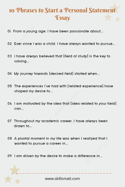 Start your personal statement essay with one of these engaging phrases to capture the reader's attention.,
Need help with your essays/ paper? I offer professional writing services to boost your success. Visit our website for personalized assistance! College Personal Statement, Essay Starters, Personal Statement Examples, Applying To College, College Essay Examples, Personal Statements, Essay Tips, Scholarship Essay, Essay Outline