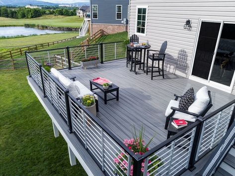 Grey Composite Decking Ideas & Images | Decks.com | Decks.com by Trex Composite Decking Ideas, Grey Composite Decking, Composite Decking Designs, Grey Deck, Decking Ideas, Deck Remodel, Modern Deck, Deck Colors, Patio Deck Designs