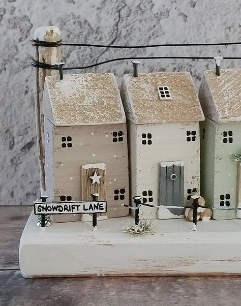 Snowdrift Lane | DriftwoodSails Scrap Wood Crafts, Driftwood Art Diy, Small Wooden House, Wood Block Crafts, Driftwood Projects, Clay Houses, Winter Street, Cardboard House, Scrap Wood Projects