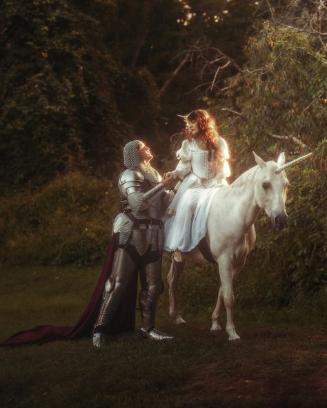 the knight and the unicorn maiden. a medieval fantasy photoshoot i did recently. Lady epi in full armor and myself in a medieval dress i sewed. #fairytaleaesthetic #knightcore Fantasy Photoshoot, Medieval Horse, Knight On Horse, Elven Princess, Fairytale Aesthetic, Dream Fantasy, Fantasy Horses, Female Knight, The Knight