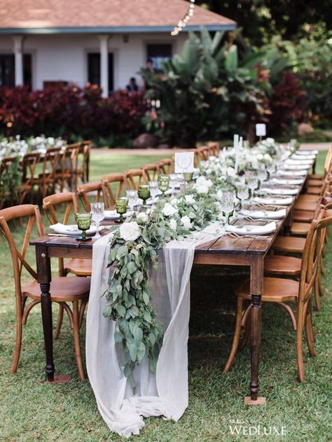 We are loving this leafy table runner trend!!! | WedLuxe – Next Stop: Maui! | Photography by: Corinne graves photography Follow @WedLuxe for more wedding inspiration!   #wedluxe #weluxemagazine #wedding #weddinginspo #weddinginspiration #weddingideas #pretty #beautiful #destinationwedding #destinationbride #tablerunner #leaves #florals Maui Photography, Outdoor Wedding Reception, Venue Decor, Outdoor Table Settings, Table Set Up, Banquet Tables, Long Table, Wedding Table Settings, Wedding Table Centerpieces