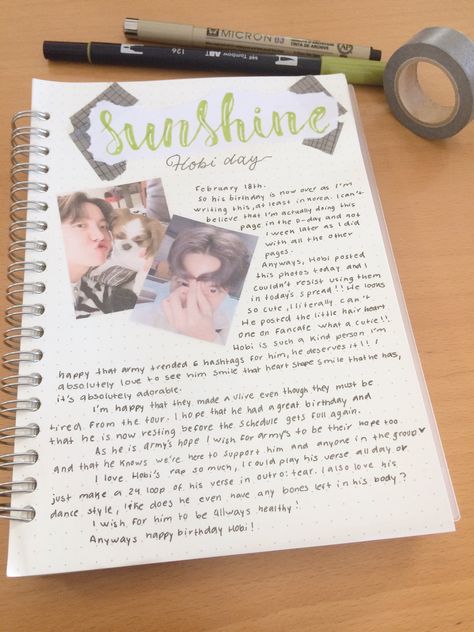 My Kpop journal page for Hobi’s birthday J Hope Journal Ideas, J Hope Journal, Bts Jhope Birthday, J Hope Birthday, Birthday Scrapbook Pages, Bts Journal, Bts Pic, Journal Idea, Kpop Journal