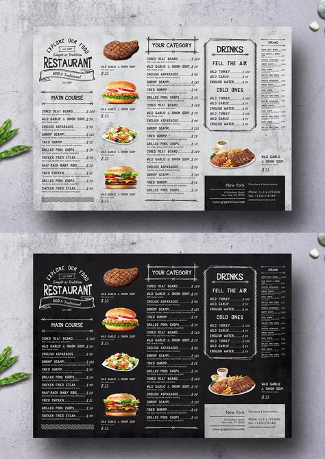 Single Page A3 Menu Template PSD - Easy to customize & change photo via smart object Menu Sans Gluten, Cafe Menu Design, Light Drinks, Burger Menu, Food Menu Template, Menu Inspiration, Menu Printing, Vintage Menu, Food Menu Design