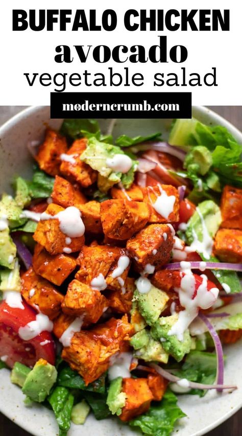 The most amazing buffalo chicken avocado salad recipe. Loaded with carrots, celery, tomatoes and red onion. Spicy from the buffalo chicken but cool from the crispy lettuce and vegetables. You will be hooked on this salad! Chicken Avocado Salad, Salad With Chicken, Buffalo Chicken Salad, Healthy Nutrition Plan, Medicine Tips, Carrots Celery, Avocado Salad Recipes, Onion Salad, Avocado Chicken Salad