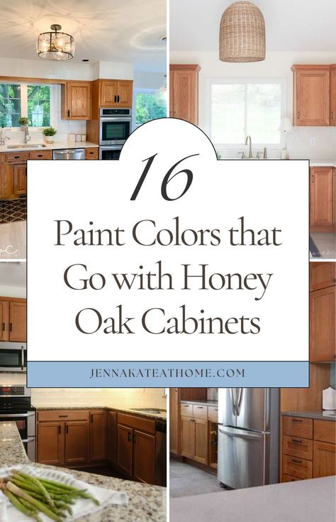 Looking for paint colors that go with honey oak? Whether it's for trim, wood, or cabinets, here are the best paint colors to go with honey oak cabinets. If you're updating an oak kitchen, discover what color to paint kitchen walls with honey oak cabinets and find the perfect wall paint colors to complement oak cabinets in your home. Update Kitchen With Oak Cabinets, Paint Kitchen Walls, Modern Kitchen Oak Cabinets, Painting Honey Oak Cabinets, Oak Kitchen Cabinets Wall Color, Updating Oak Cabinets, Honey Oak Trim, Painting Wood Cabinets, Best Wall Colors