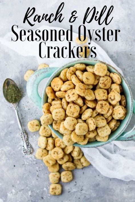 Seasoned Oyster Crackers are a classic homemade snack. Oyster crackers are seasoned with dry ranch dressing mix and dill then baked in the oven. They are a great addition to a charcuterie board. #crackers #seasonedcrackers #oystercrackers #charcuterie Ouster Crackers Dill, Ranch Oyster Crackers Hidden Valley, Oyster Crackers Ranch Dill, Oster Cracker Recipe, Dill Oyster Crackers Recipe, Ranch Oyster Cracker Recipe, Dill Oyster Crackers, Oyster Crackers Ranch, Oyster Cracker Snack Mix